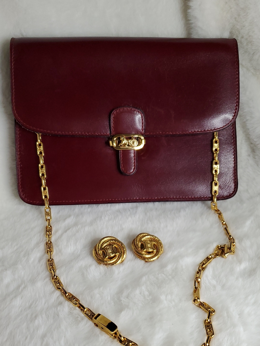 CELINE Deep Burgundy Leather Crossbody Bag with Gold Chain